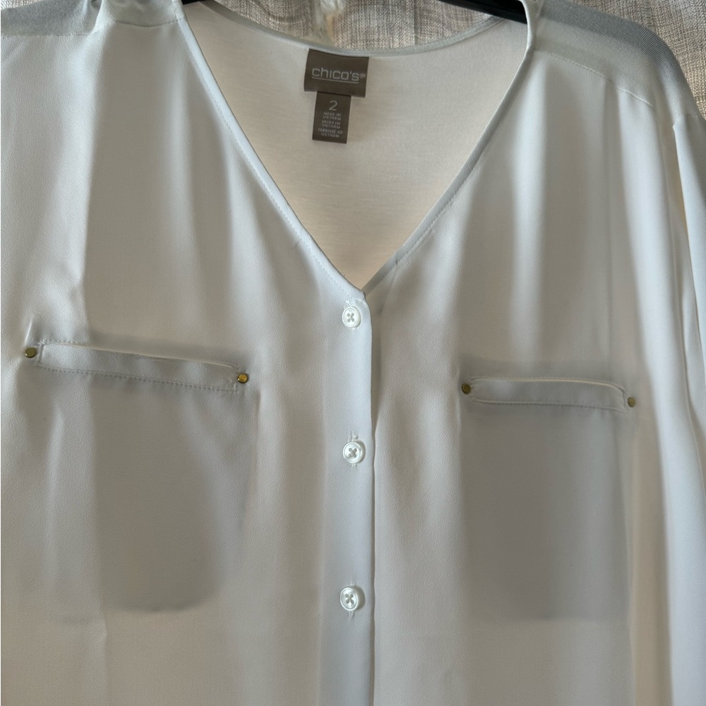 Chicos tie bottom , tab sleeve blouse. Washable. Size 2 - Picture 2 of 8